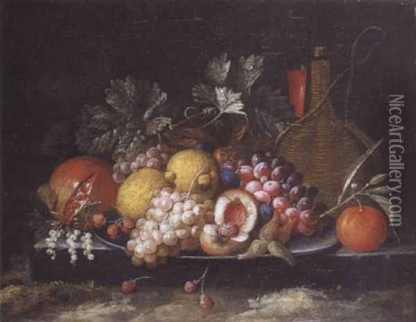 Plat De Fruits, Bouteille Et Verre De Vin Poses Sur Une Marche De Pierre Oil Painting - Peter Mathys Gillemans