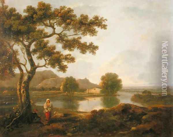 River Scene with a Farmhouse Oil Painting - Richard Wilson