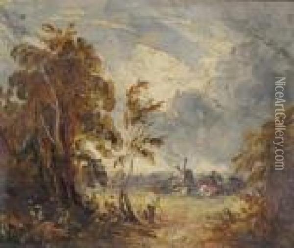 Pastoral Scene With Rustic And Distant Windmill Oil Painting - John Constable