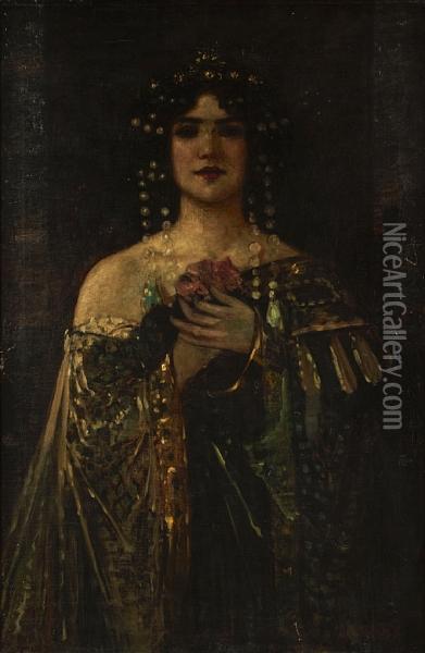 A Portrait Of A Dark Haired Beauty, Thought To Be Salome Oil Painting - Andor Dudits