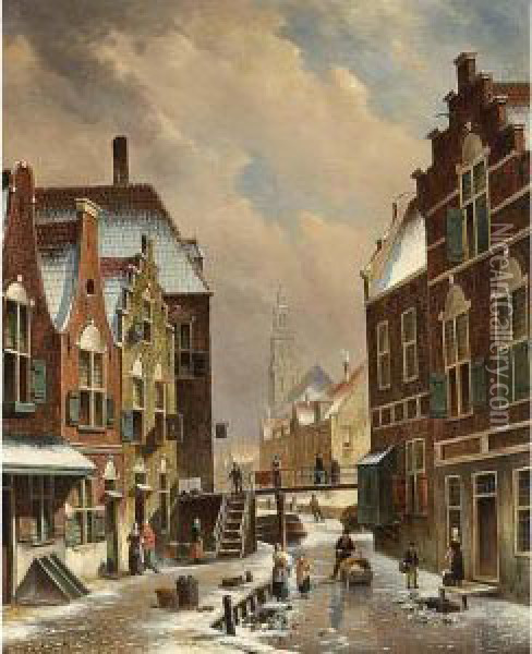 A Dutch Town In Winter With Figures On A Frozen Canal Oil Painting - Oene Romkes De Jongh