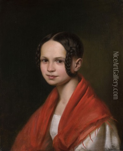 Bildnis Eines Jungen Madchens Mit Rotem Tuch Und Zopfen Oil Painting - Friedrich von Amerling