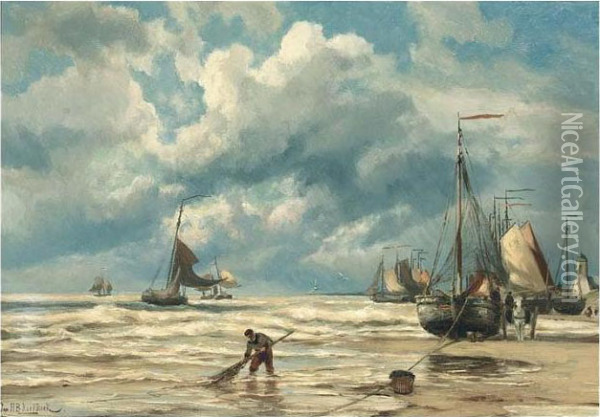 Bomschuiten With Fishermen On Katwijk Beach Oil Painting - Johannes Hermann Barend Koekkoek