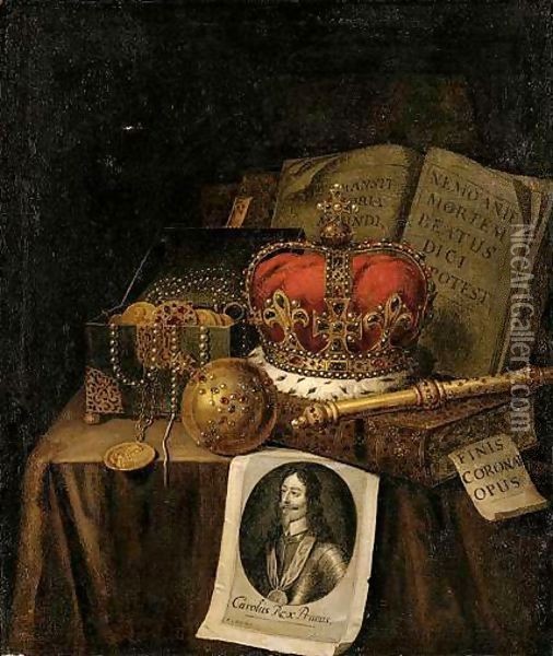 A Vanitas Still Life Of A Crown, An Orb, A Sceptre, A Casket Of Coins And Jewels, Together With Books And An Engraving Of Charles I Of England, All Arranged Upon A Draped Table-Top Oil Painting - Edwart Collier