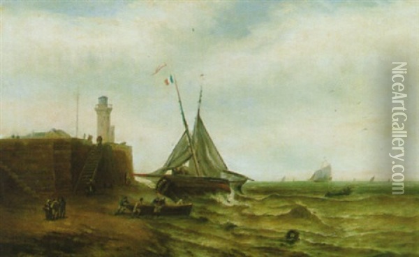 Fischerboote Am Strand Vor Der Kaimauer Mit Dem Leuchtturm Oil Painting - Andreas Achenbach