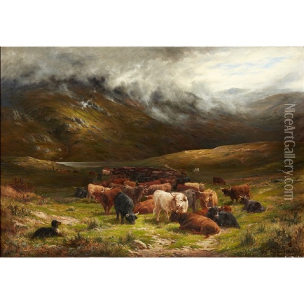 Highland Cattle In A Mountain Glen Oil Painting - Louis Bosworth Hurt