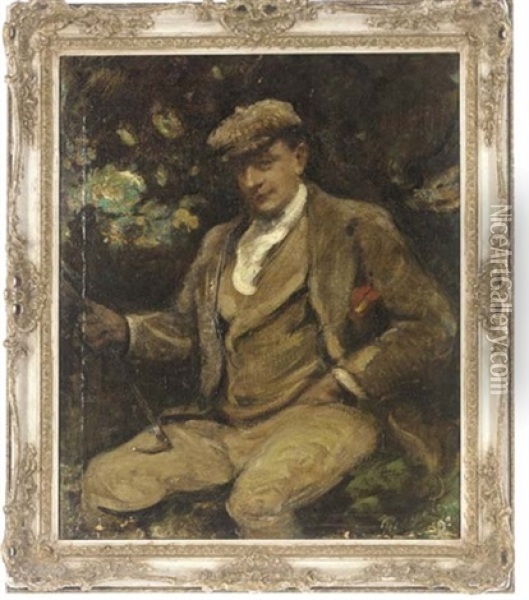 Portrait Of A Gentleman Seated Wearing A Cap And Holding A Riding Crop Oil Painting - Frederic Yates