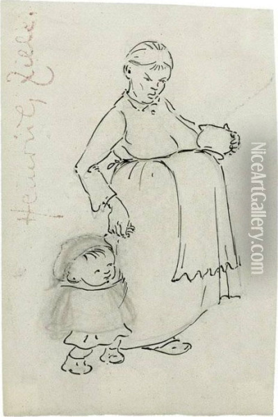 Schwangere Mit Kleinem Jungen An Oil Painting - Heinrich Zille