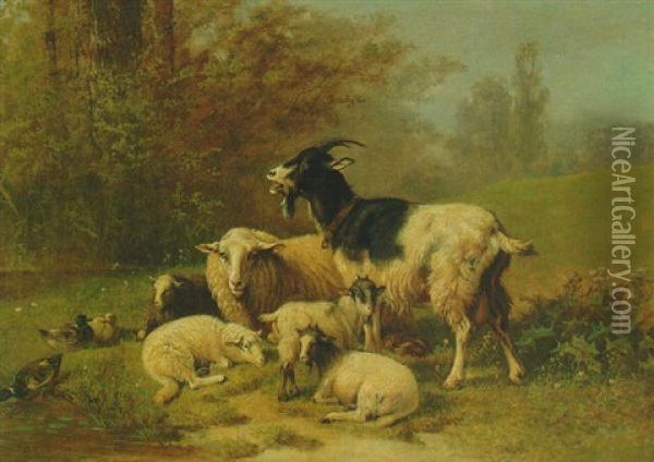 Sheeps And Goats Resting On A Riverbank Oil Painting - Henri De Beul