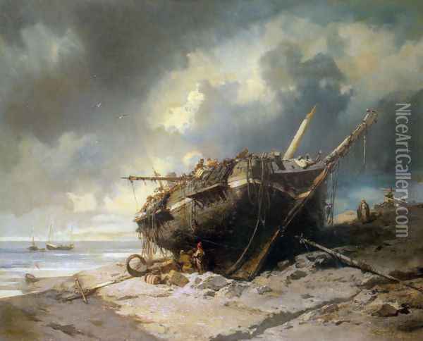 Dismantling a Beached Shipwreck Oil Painting - Charles Hoguet