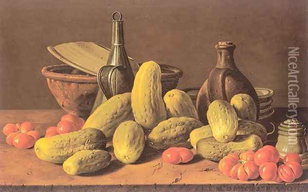 Still Life with Cucumbers and Tomatoes 1772 Oil Painting - Luis Eugenio Melendez