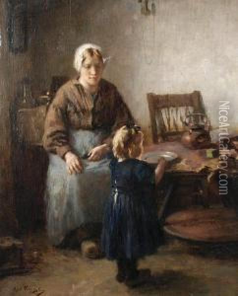 Mother And Child In A Kitchen Interior Oil Painting - Lammert Van Der Tonge