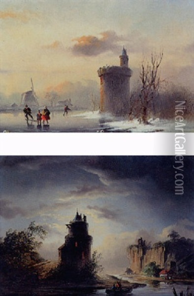 Skaters Near A Castle Oil Painting - Andreas Schelfhout