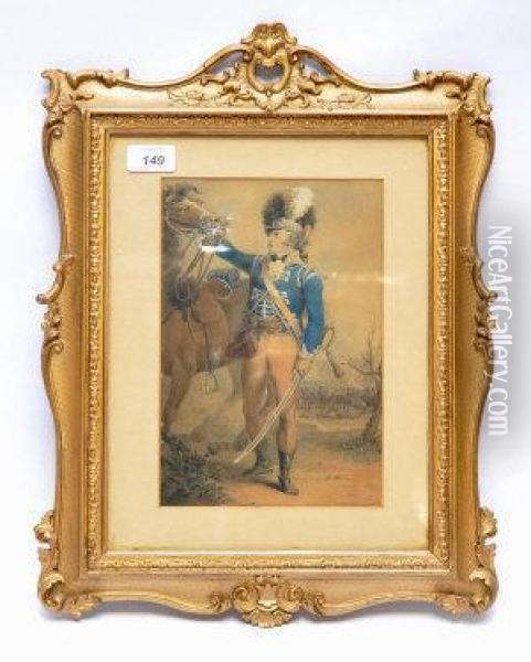 George Lyon, 11th Light Dragoons, With Horse, A Battle Inthe Background Oil Painting - James Green