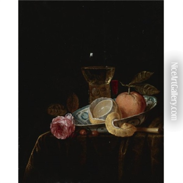 Still Life With A Peeled Lemon And An Orange In A Blue And White Porcelain Bowl, A Roemer, A Tall Wine Glass, A Rose And Other Objects On A Draped Table Oil Painting - Gillis Jacobz van Hulsdonck