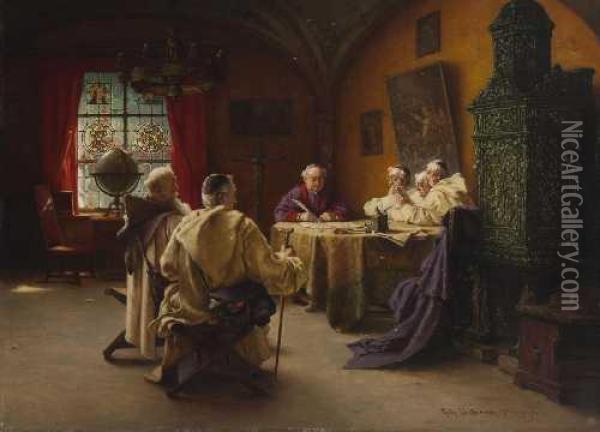 Bischof Und Monche Im Salon. Oil Painting - Richard Linderum