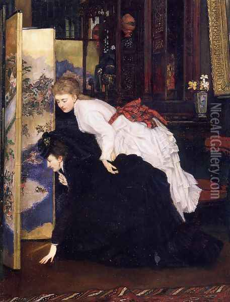 Young Women Looking At Japanese Objects 2 Oil Painting - James Jacques Joseph Tissot