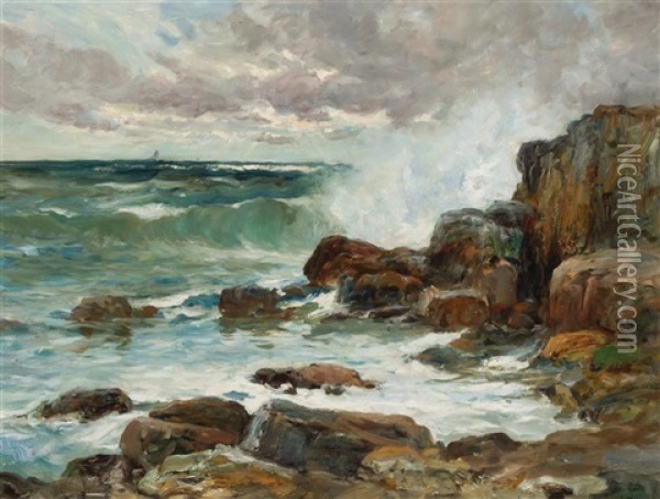 Breakers At Bass Rocks, Gloucester Mass. Oil Painting - Charles Paul Gruppe