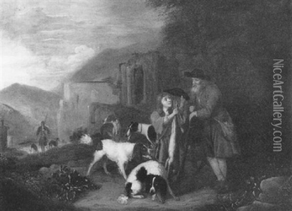 A Hunting Scene With A Boy Presenting A Hare To An Old Man With Dogs In An Italianate Landscape Oil Painting - Adriaen Cornelisz Beeldemaker