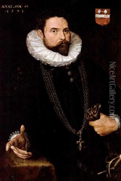 A Portrait Of A Nobleman At The Age Of 44, Wearing A Black Suit With White Lace Collar, A Golden Chain With Crucifix, A Sword, And Holding Gloves In His Left Hand, Standing Next To A Table Oil Painting - Antonis Mor Van Dashorst
