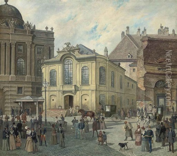 A Busy Day At The Old Viennese Burgtheatre Near Michaelator Oil Painting - August Gerasch