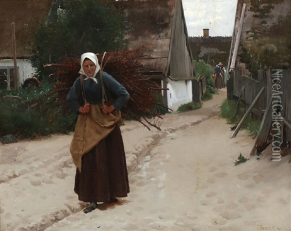 A Woman Carrying Firewood Through A Village Oil Painting - Frants Peter Didrik Henningsen