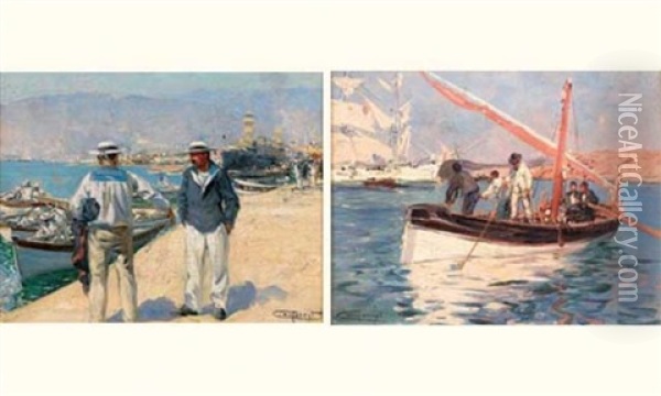 Scene De Port (+ Another, Larger, Oil On Panel; 2 Works) Oil Painting - Jacques-Marie Omer Camoreyt
