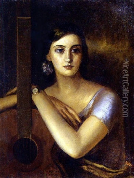 Femme A La Guitare Oil Painting - Julio Romero De Torres