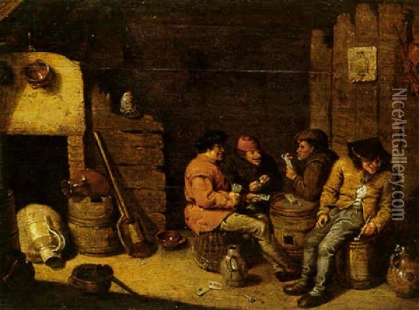 Peasants Playing Cards In A Barn Interior Oil Painting - Pieter de Bloot