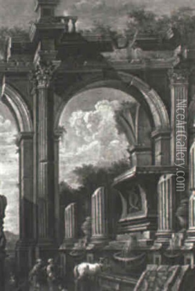 Figures Amidst Classical Ruins Oil Painting - Leonardo Coccorante