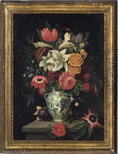 Lilies, Roses, Passionflower, Sunflower, Tulips And Other Flowers In A Vase, On A Ledge Oil Painting - Ambrosius the Elder Bosschaert