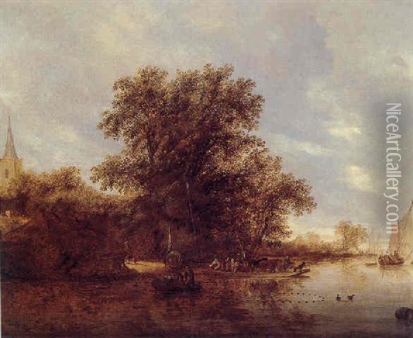 A Wooded River Landscape With A Ferry, Fisherfolk In A Rowing Boat And Smalschips Near A Village Oil Painting - Salomon van Ruysdael