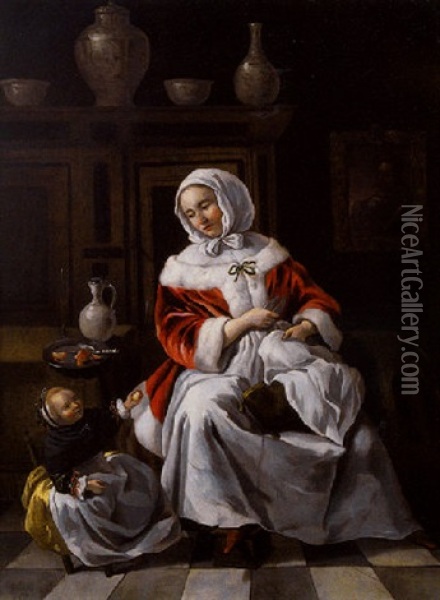 Jeune Femme Et Sa Fillette Dans Un Interieur Oil Painting - Hendrick Van Der Burgh