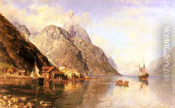 Village on a Fjord Oil Painting - Anders Monsen Askevold