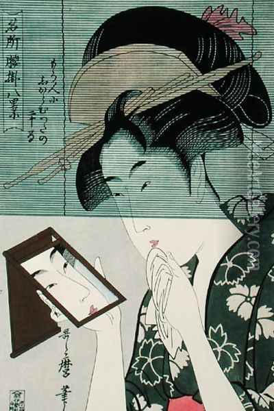 Woman with a Mirror, 19th-20th century reprint Oil Painting - Kitagawa Utamaro