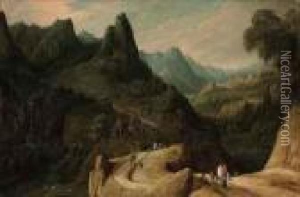 A Mountainous Landscape With Travellers On A Track Oil Painting - Tobias van Haecht (see Verhaecht)