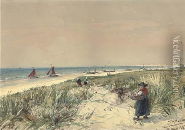 Fishwives Heading For The Beach To Collect The Day's Catch Atscheveningen Oil Painting - Thomas Bush Hardy