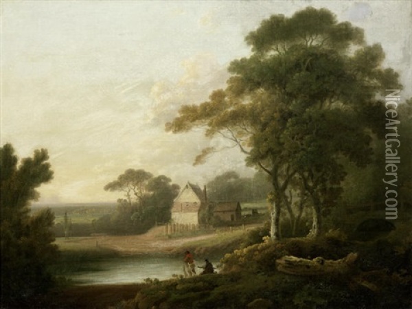 Figures Fishing In A River Landscape, A Farmhouse Beyond Oil Painting - John Rathbone