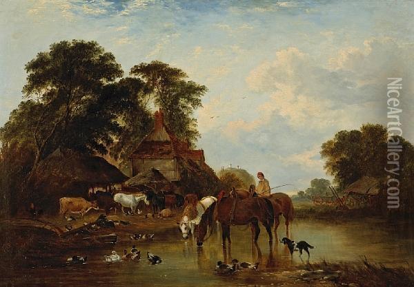 Cattle And Pigs In A Farmyard With Threehorses Watering In The Foreground Oil Painting - John Frederick Herring Snr