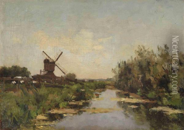 A Polder Landscape With A Windmill Along A River Oil Painting - Victor Bauffe