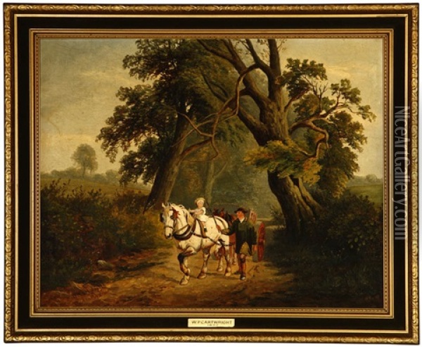 Man With Child Riding Atop Horse-drawn Cart On A Path Oil Painting - William P. Cartwright