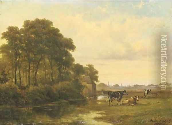 Cattle by a river, a town beyond Oil Painting - Alexander Hieronymus Jun Bakhuyzen