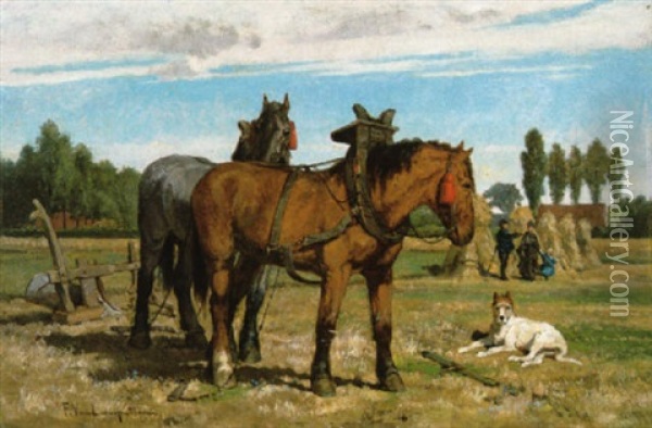 Rustende Paarden Op Het Veld Oil Painting - Frans Van Leemputten
