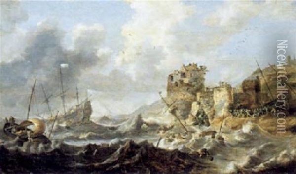 Schiffe Im Seesturm Vor Einer Felsigen Kuste Mit Einem Kastell Oil Painting - Bonaventura Peeters the Elder