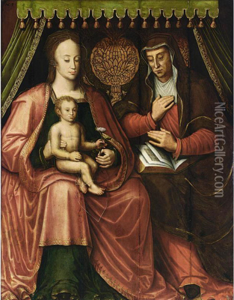 The Virgin And Child With St. Anne Under A Canopy Oil Painting - Anthonie Claeissens
