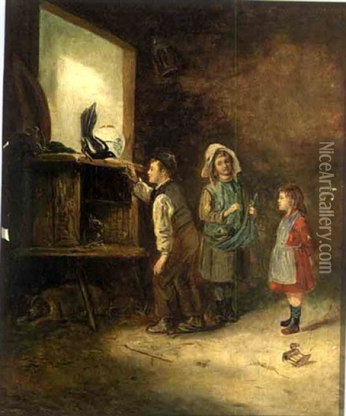 Children Feeeding Pigeons Oil Painting - Erskine Nicol