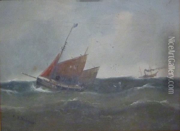 Steam And Sail Fishing Boats At Sea Oil Painting - Edward King Redmore