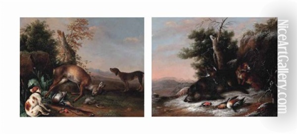 A Landscape With Dead Game, Including A Deer...; A Winter Landscape With Dead Game, Including A Boar...(pair) Oil Painting - Wenzel Ignaz Prasch