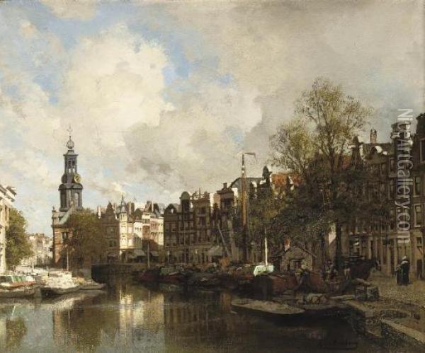 The Flowermarket With The Munttoren Beyond, Amsterdam Oil Painting - Johannes Christiaan Karel Klinkenberg