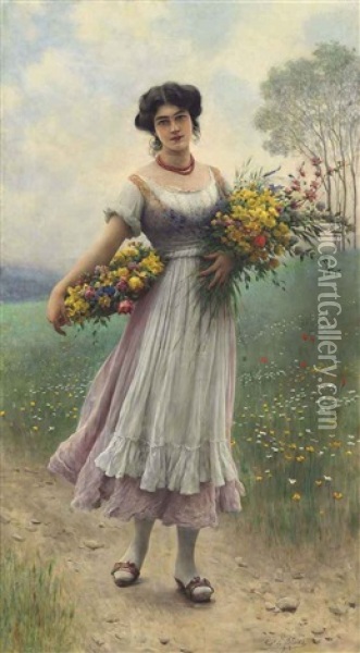A Maiden Gathering Flowers Oil Painting - Eugen von Blaas